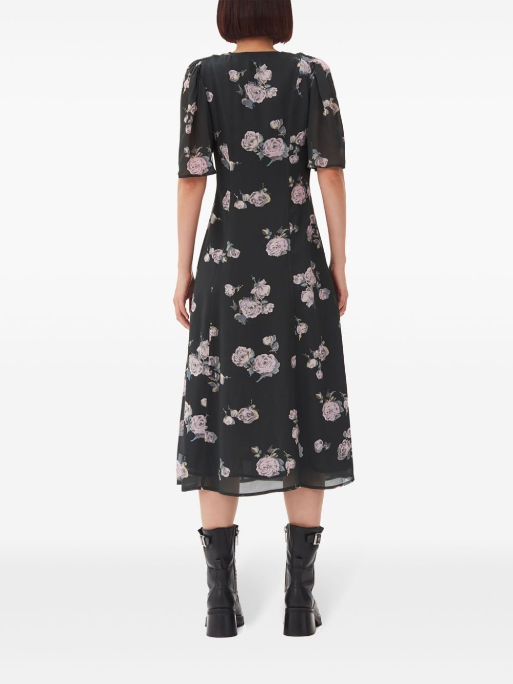 Shop Ganni Floral-print Crepe Wrap Midi Dress In Black