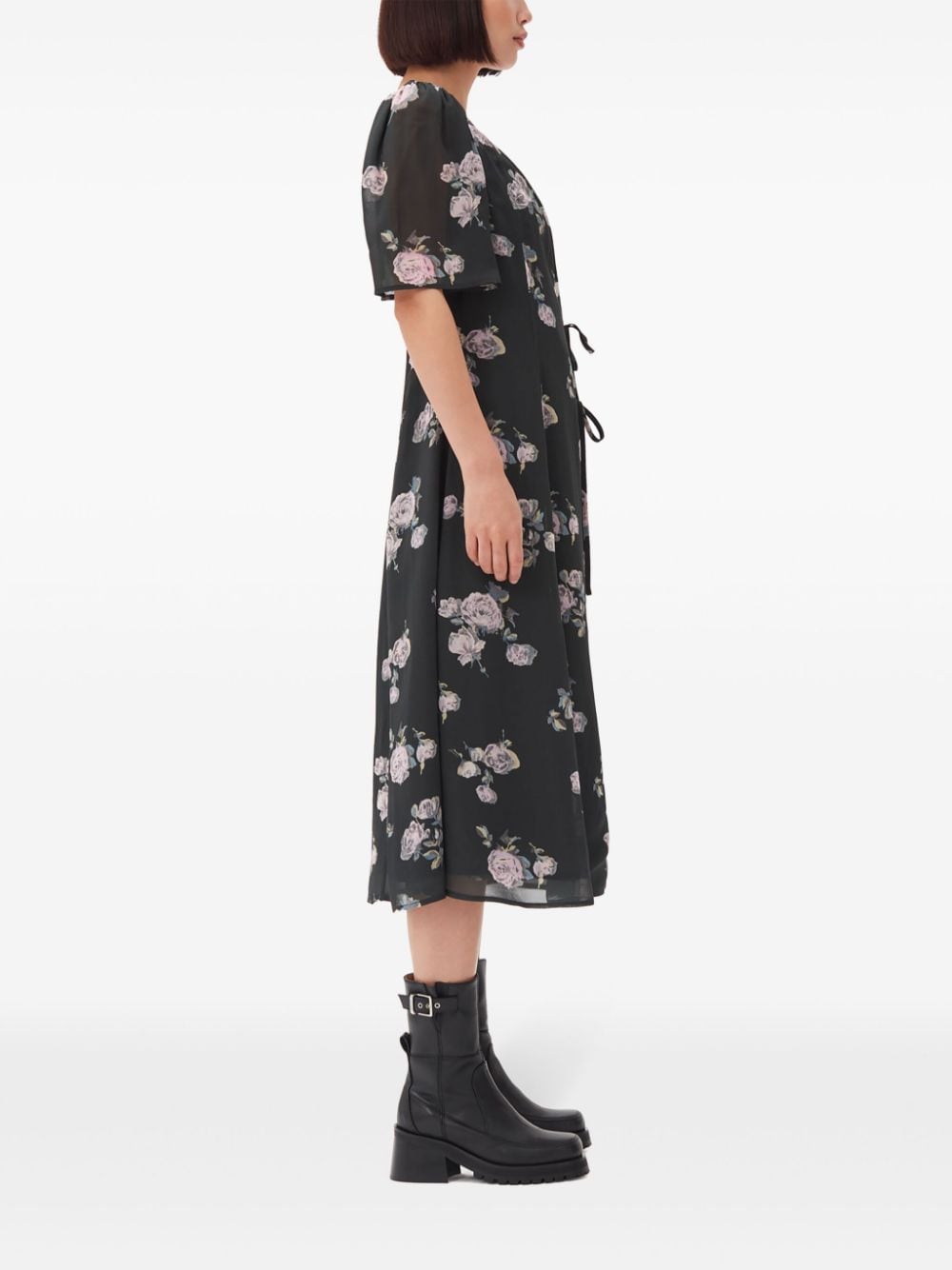 Shop Ganni Floral-print Crepe Wrap Midi Dress In Black