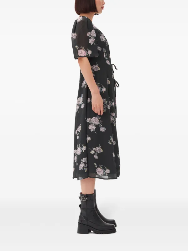 GANNI floral print Crepe Wrap Midi Dress Farfetch