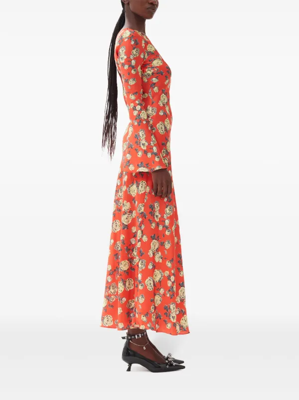 GANNI ドレープワンピース GANNI フローラル サテンマキシドレス | オレンジ | FARFETCH JP