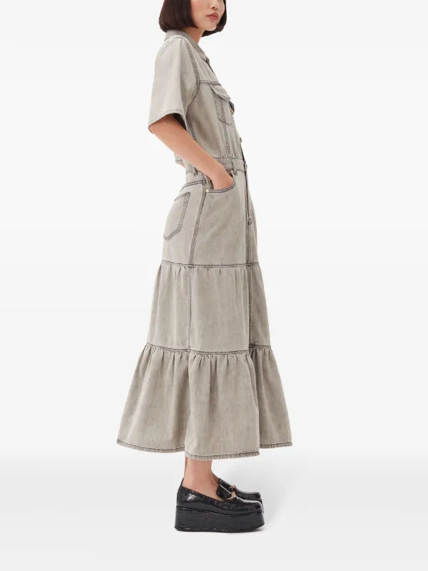 GANNI Tiered Denim Maxi Dress | Grey | FARFETCH