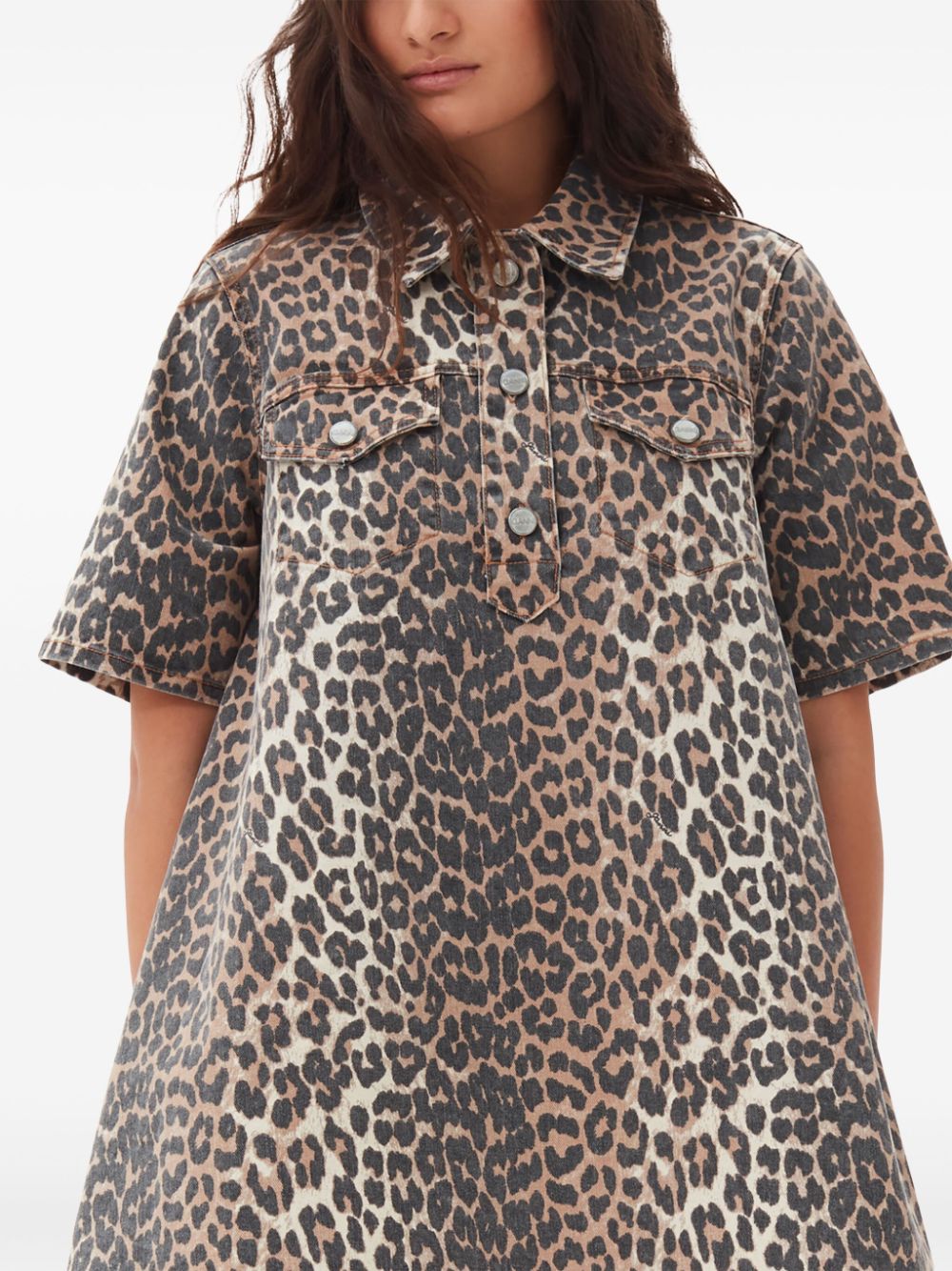 Shop Ganni Animal-print Denim Mini Skirt In Brown