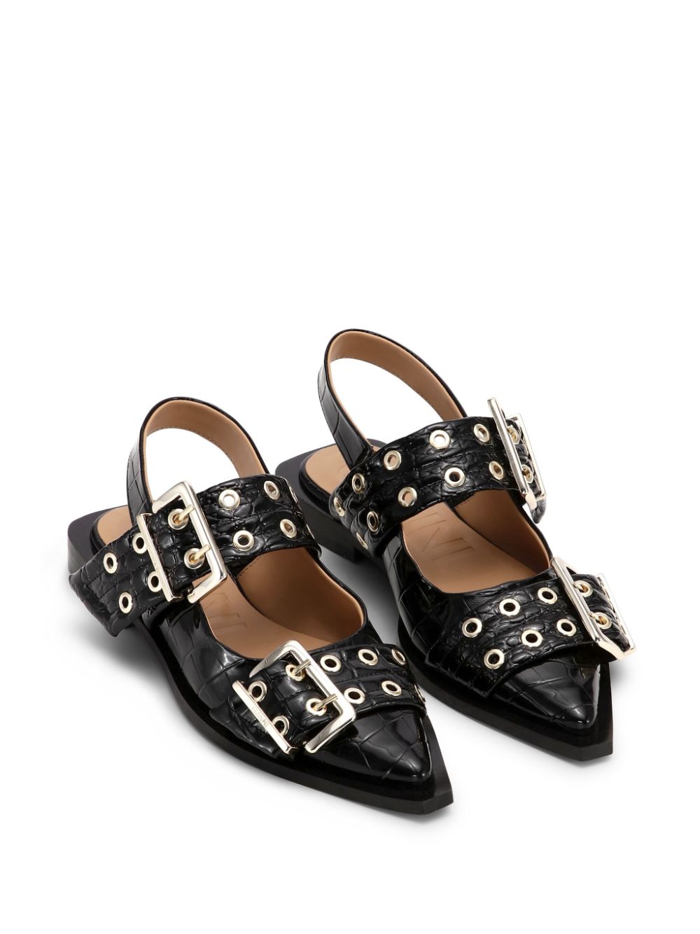 Shop Ganni Crocodile-effect Bucked Ballerina Shoes In Black