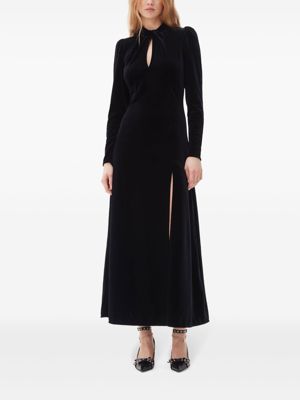 Shop Ganni Keyhole-neck Velvet Maxi Dress In Schwarz