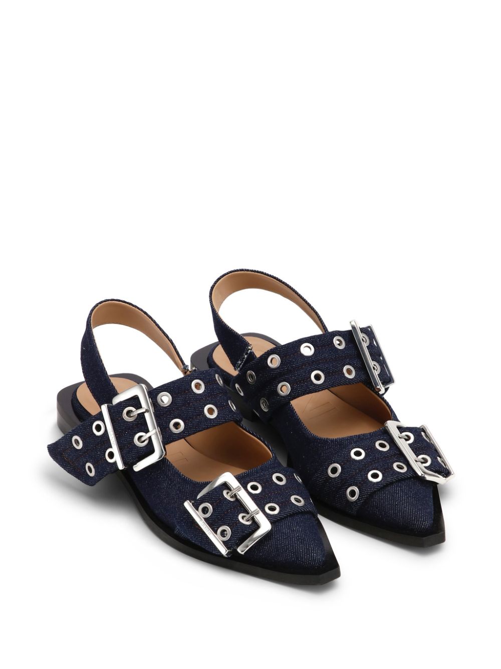 Shop Ganni Buckle-detail Denim Ballerina Shoes In Blue