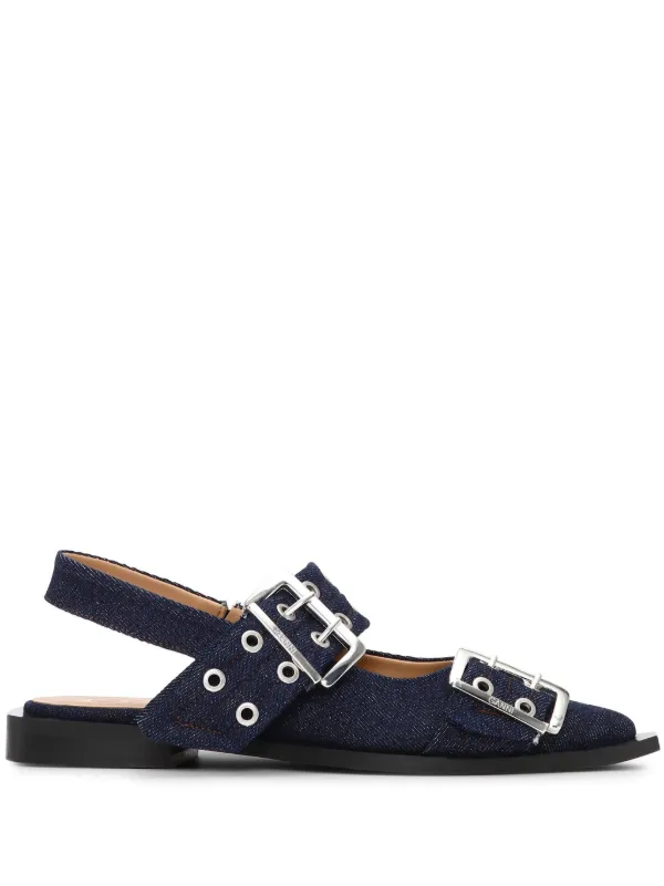 【関税＆送料込み】Ganni Blue Denim Ballet Flat Shoe With B Embellished denim ballet flats in blue - Ganni | Mytheresa
