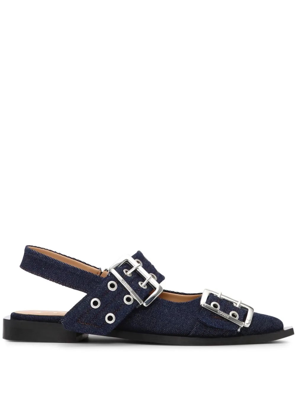 Shop Ganni Buckle-detail Denim Ballerina Shoes In Blue