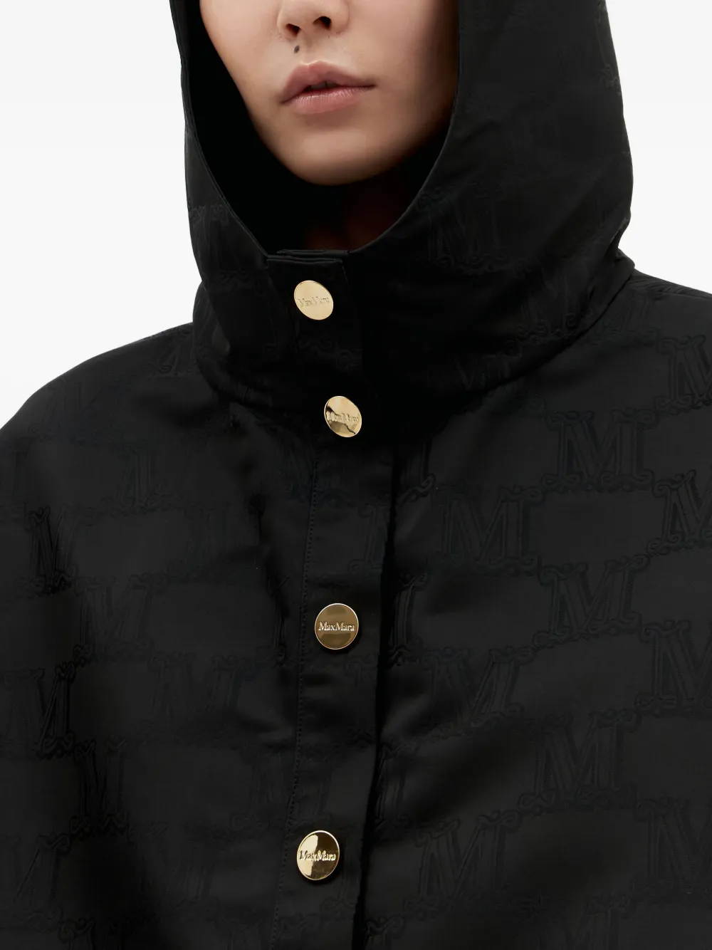 Max Mara Hooded Monogram Coat In Black