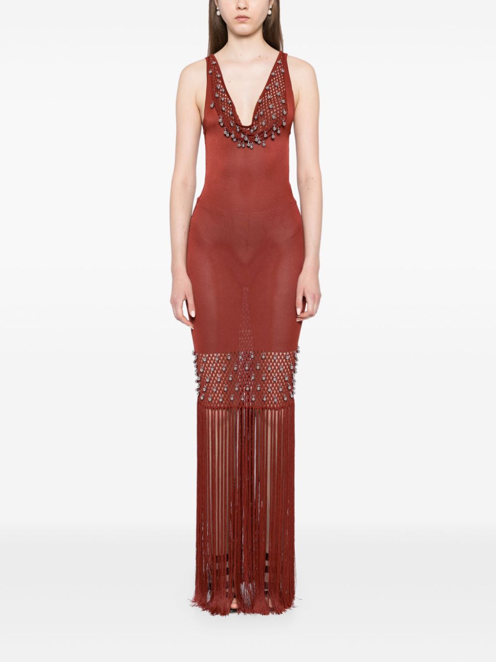 Shop Rabanne Crochet Fringed Maxi Dress In Red