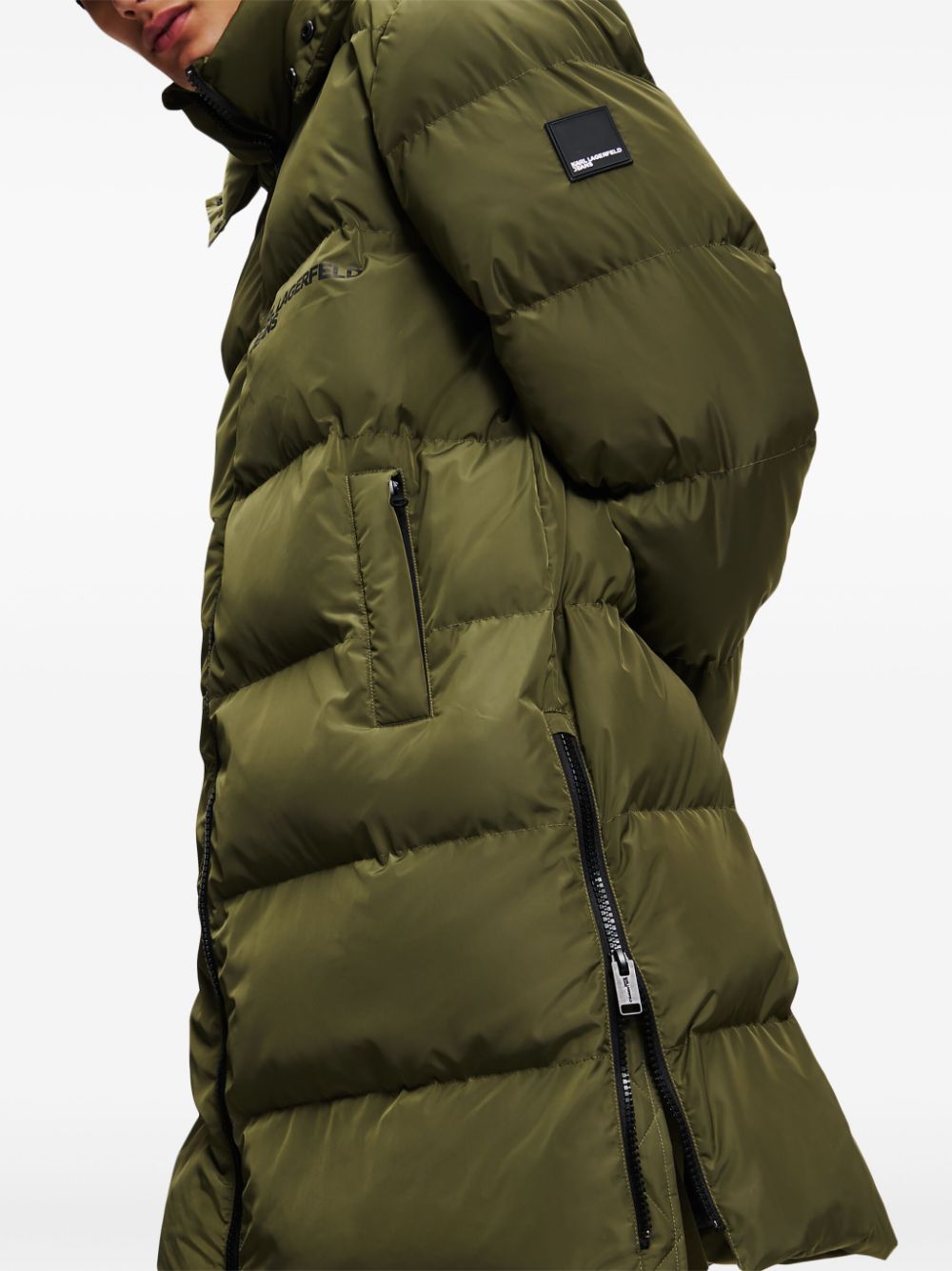 Shop Karl Lagerfeld Jeans Embroidered Hooded Padded Coat In Green