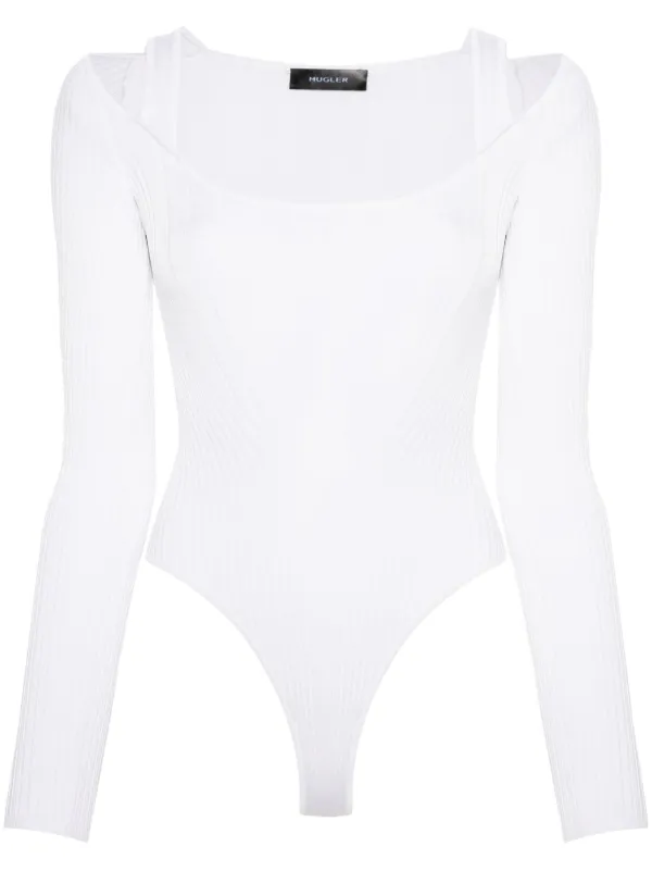 【関税込み】Mugler ホワイト ルーシュ ボディスーツ Mugler ロングスリーブ ボディスーツ | ホワイト | FARFETCH JP
