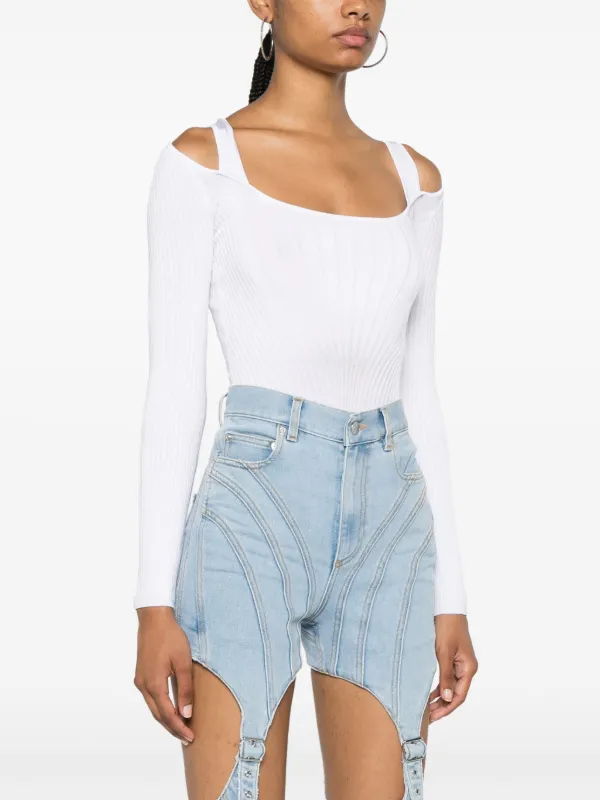 【関税込み】Mugler ホワイト ジッパー ボディスーツ Mugler ロングスリーブ ボディスーツ | ホワイト | FARFETCH JP