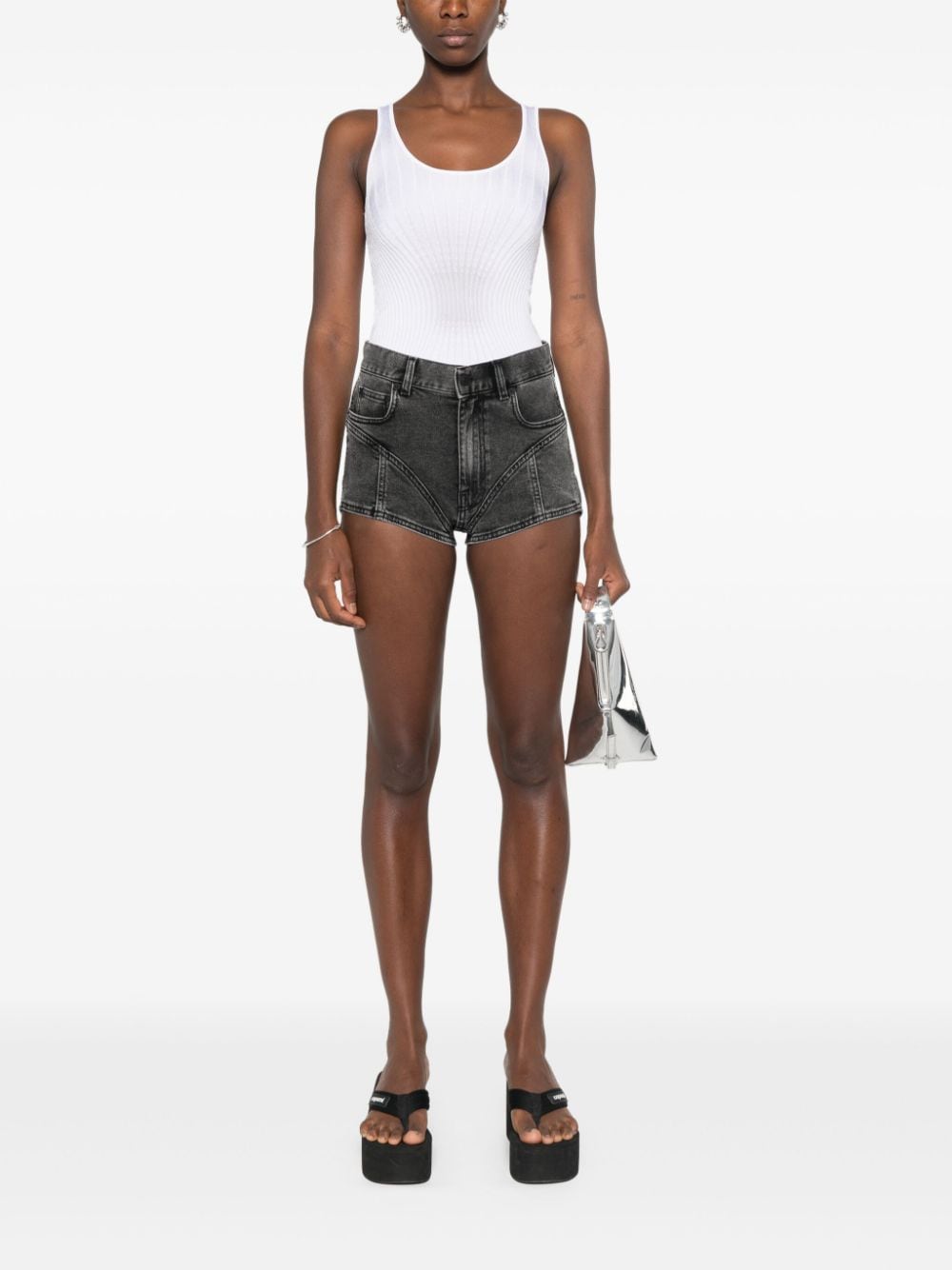 Shop Mugler Bi-material Denim Shorts In Black