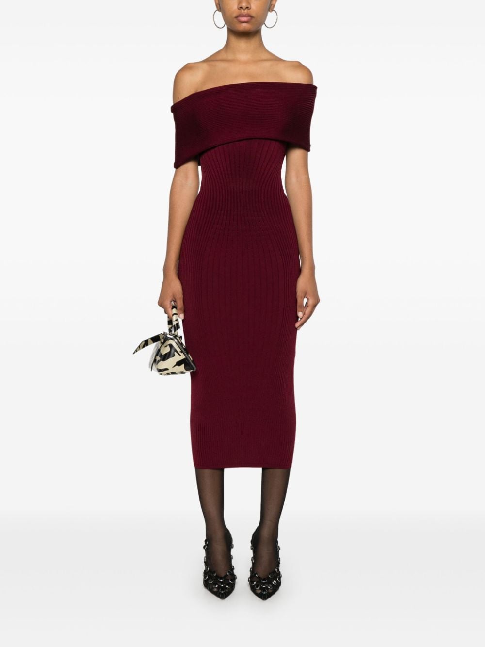 Mugler off-shoulder knitted mididress - Rood