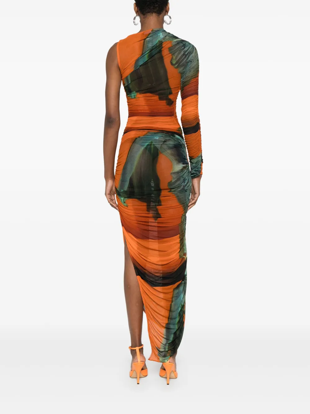 Mugler Asymmetrische mesh jurk met print Oranje