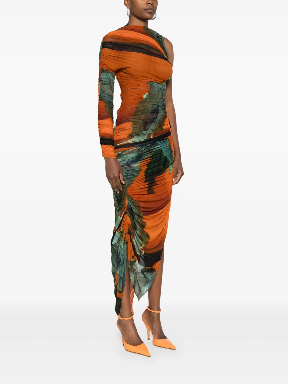 Mugler Asymmetrische mesh jurk met print Oranje