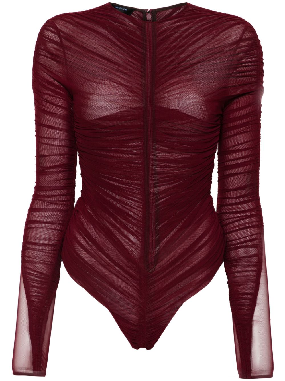 Shop Mugler Gathered Semi-sheer Bodysuit In Red