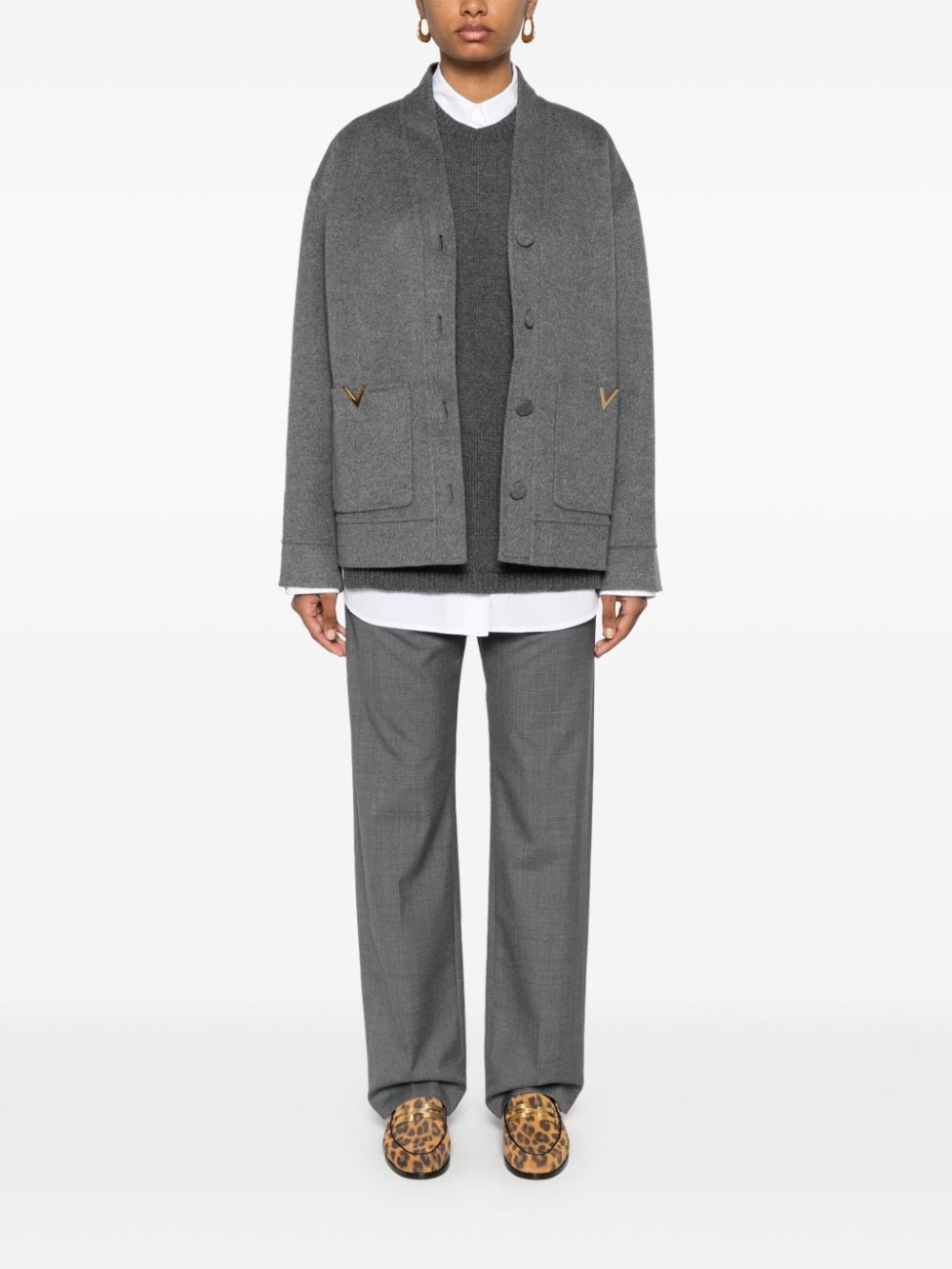 Shop Valentino Virgin-wool Straight Trousers In Grey