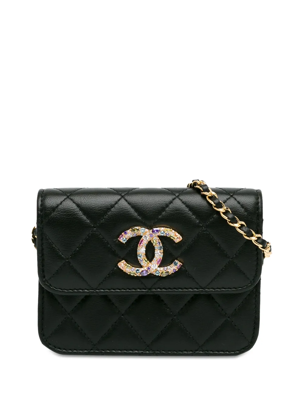 Pre-owned Chanel 2020 Lambskin Zirconium Clutch With Chain Crossbody Bag In Black