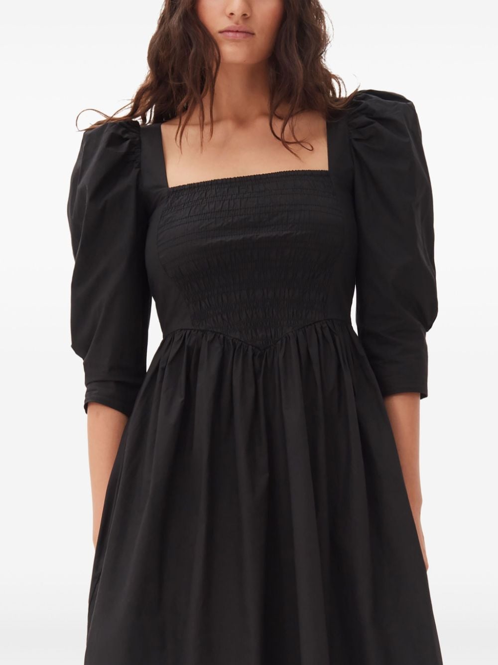 Shop Ganni Ruched Ribbon-back Dress In Black