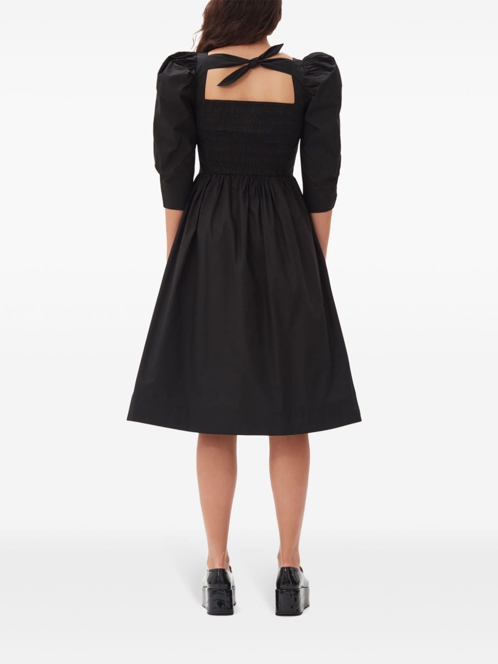 Shop Ganni Ruched Ribbon-back Dress In Black