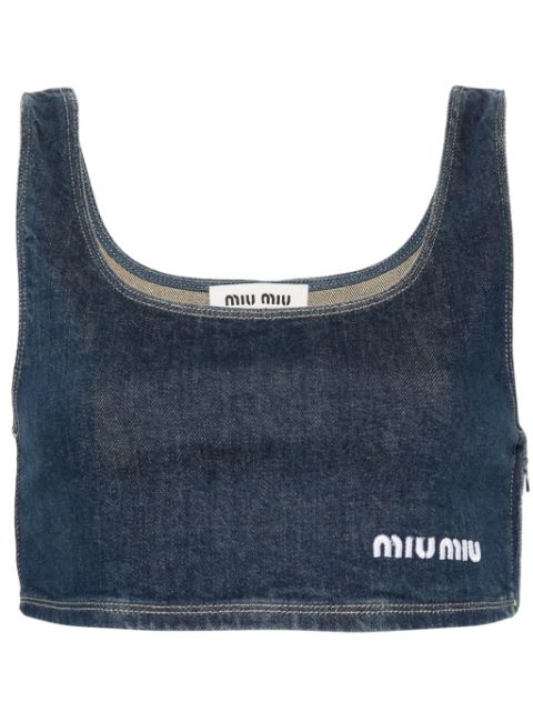 Miu Miu logo-embroidered denim cropped top Women