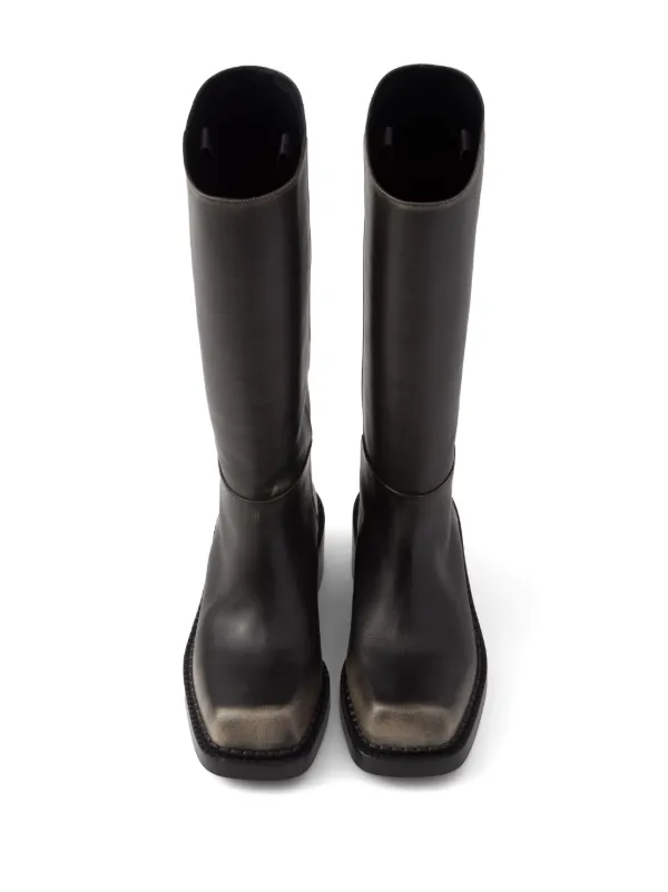 Prada Aged Effect 55mm Leather Boots | Black | FARFETCH