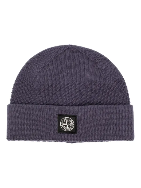 Stone Island logo patch ribbed knit Beanie Blue FARFETCH UK