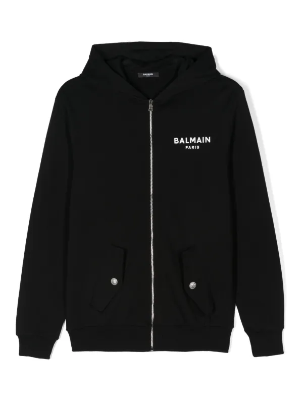 Balmain Kids Logo Print Cotton zip up Hoodie Black FARFETCH ZA