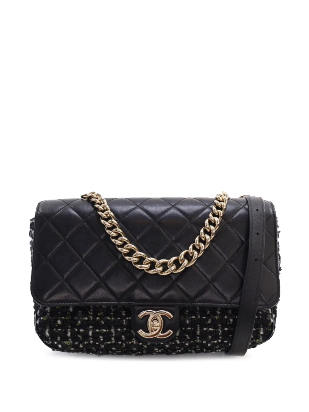 CHANEL Pre-Owned 2017-2018 CC Quilted Lambskin and Tweed Single Flap satchel – Black