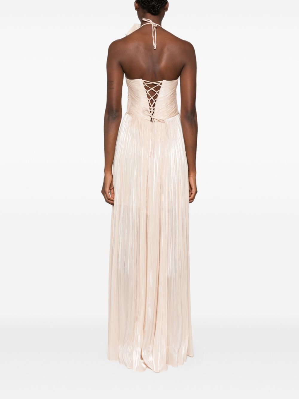 Shop Ana Radu Floral-appliqué Halterneck Gown In Neutrals