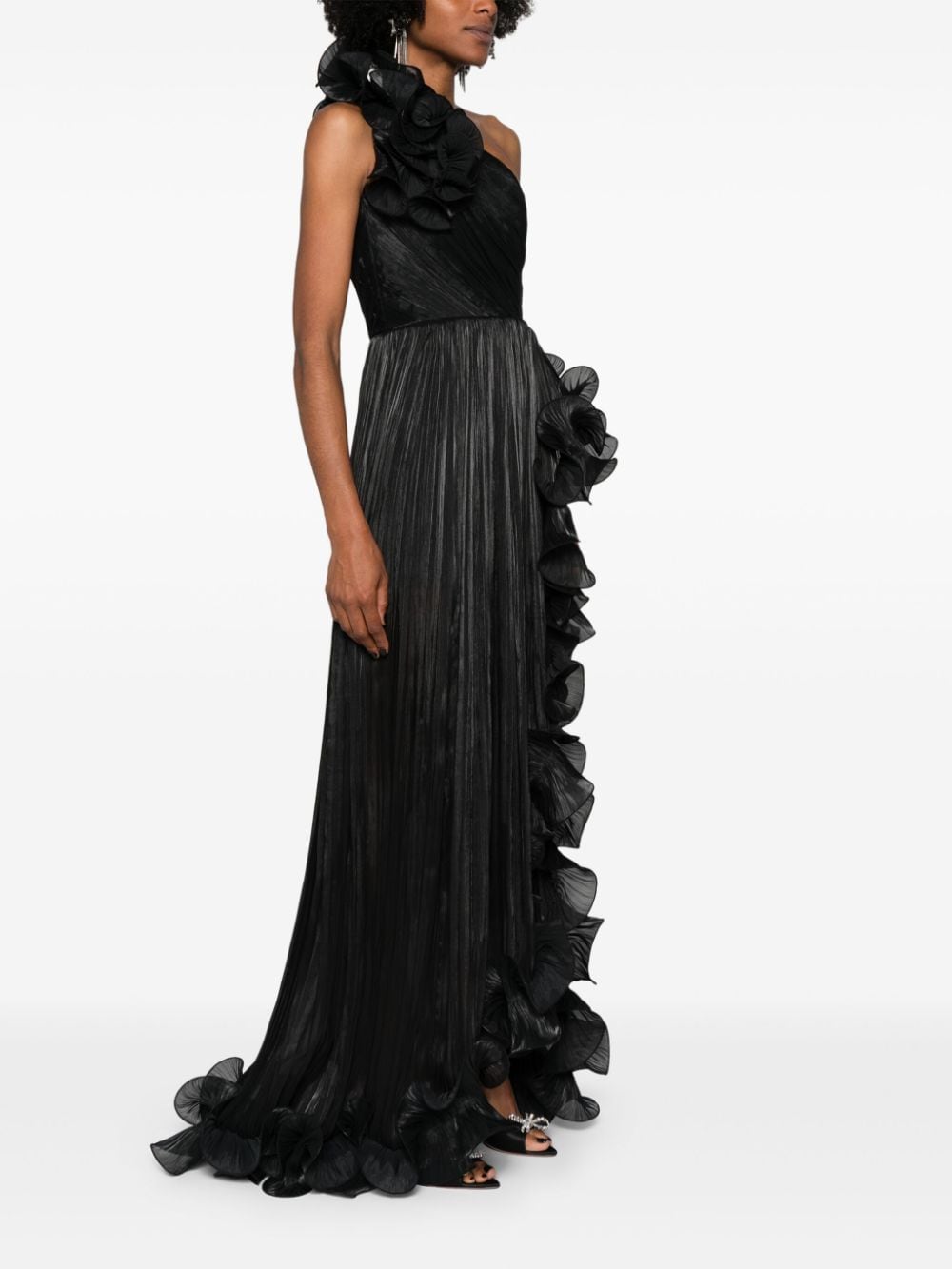 Shop Ana Radu Ruffled Plissé Asymmetric Maxi Dress In Black