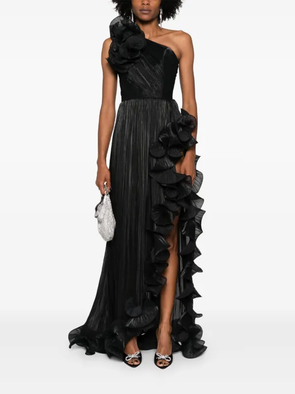 Ana Radu Ruffled Pliss Asymmetric Maxi Dress | Black | FARFETCH OM