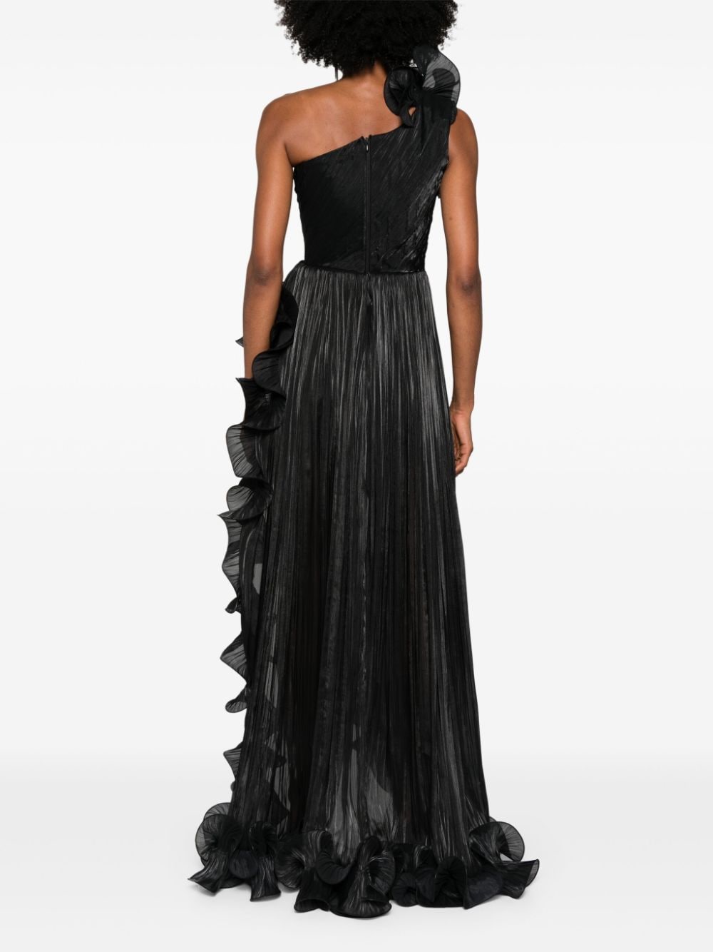 Shop Ana Radu Ruffled Plissé Asymmetric Maxi Dress In Black