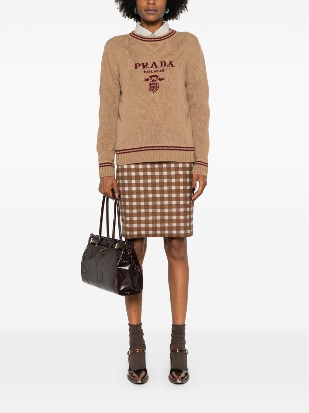 Prada Trui met logo intarsia en gestreepte afwerking - Beige