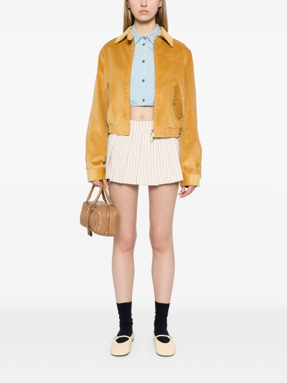 Miu Miu logo-appliqué corduroy bomber jacket - Geel