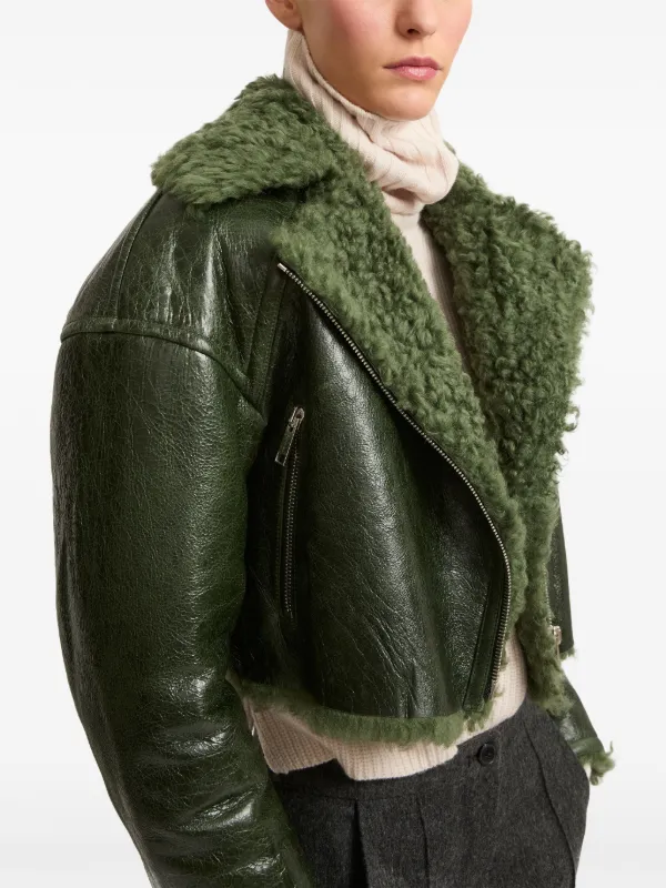Yves Salomon patent-merino Cropped Biker Jacket Green FARFETCH ID
