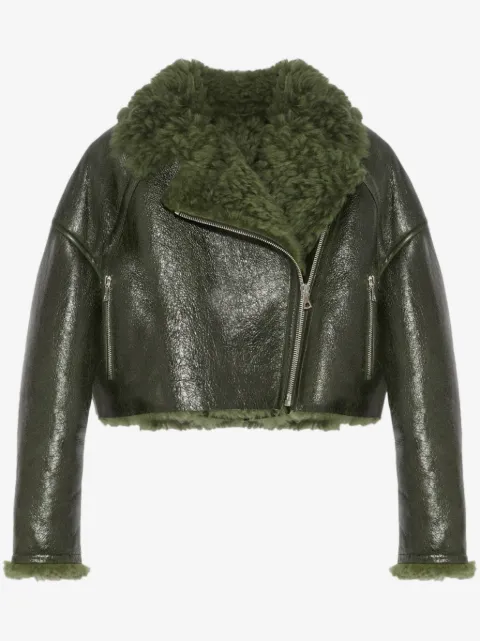 Yves Salomon patent-merino cropped biker jacket