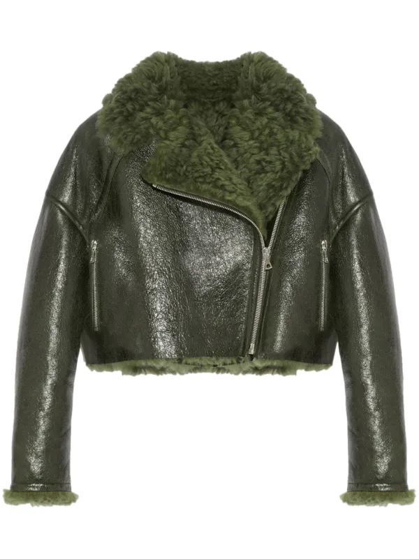 Yves Salomon patent-merino Cropped Biker Jacket Green