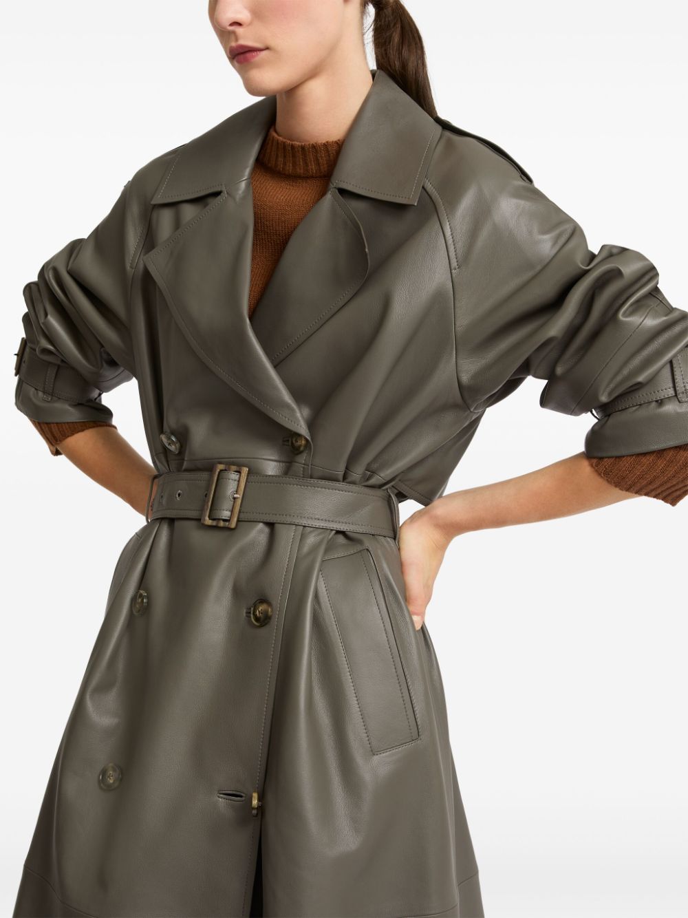 Shop Yves Salomon Belted Leather Trench Coat In Grey