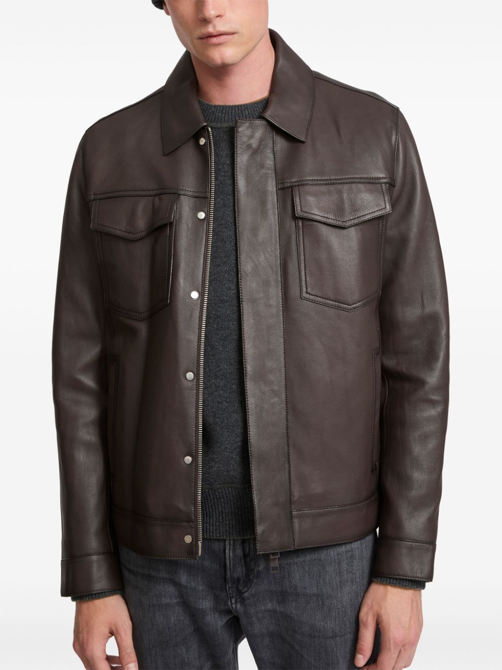 Shop Yves Salomon Denim-style Leather Jacket In Brown