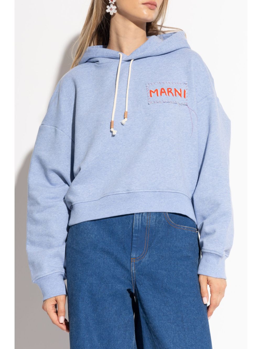 Shop Marni Logo-appliqué Cotton Hoodie In Blue