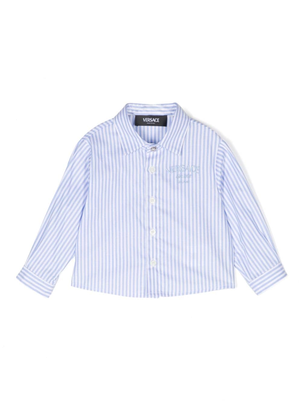 Versace Babies' Embroidered-logo Striped Shirt In Blue