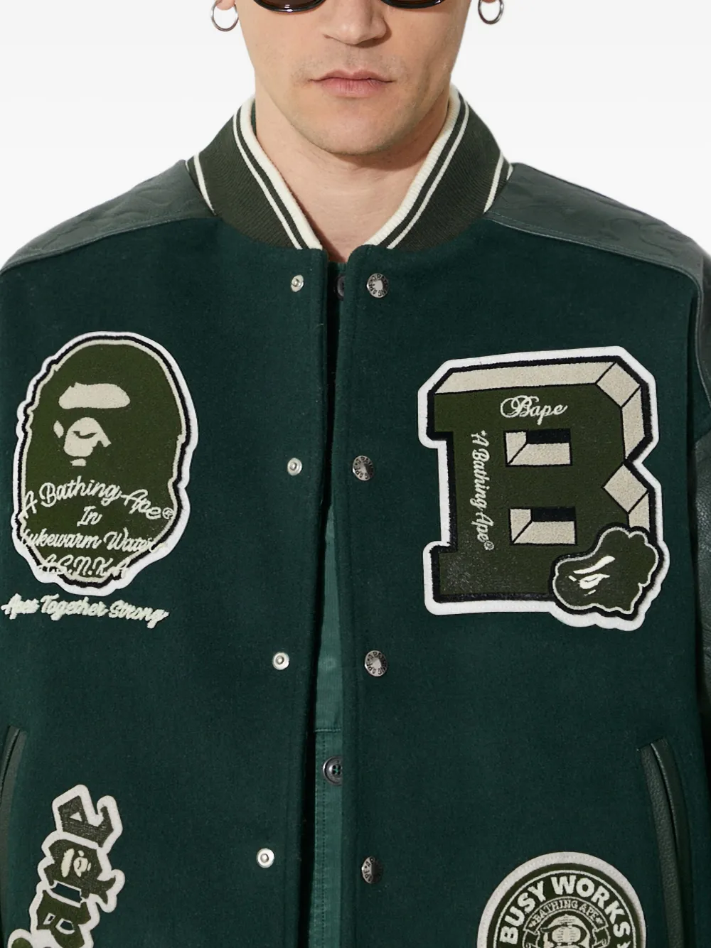 A BATHING APE® Panelled Varsity Jacket | Green | FARFETCH