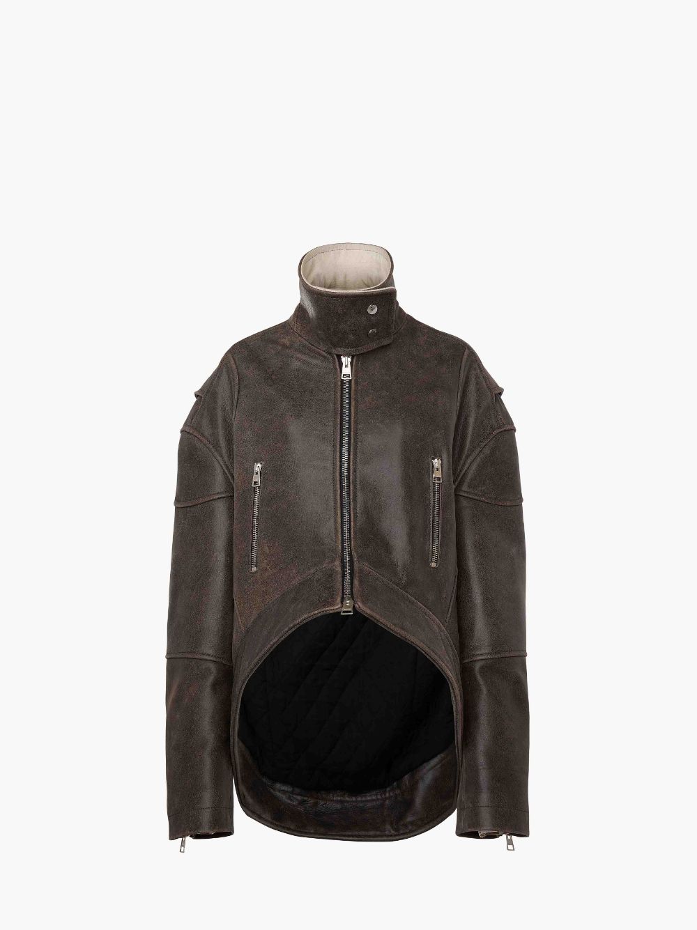 Shop Jw Anderson Curved Leather Hem High Neck Jacket In Brown