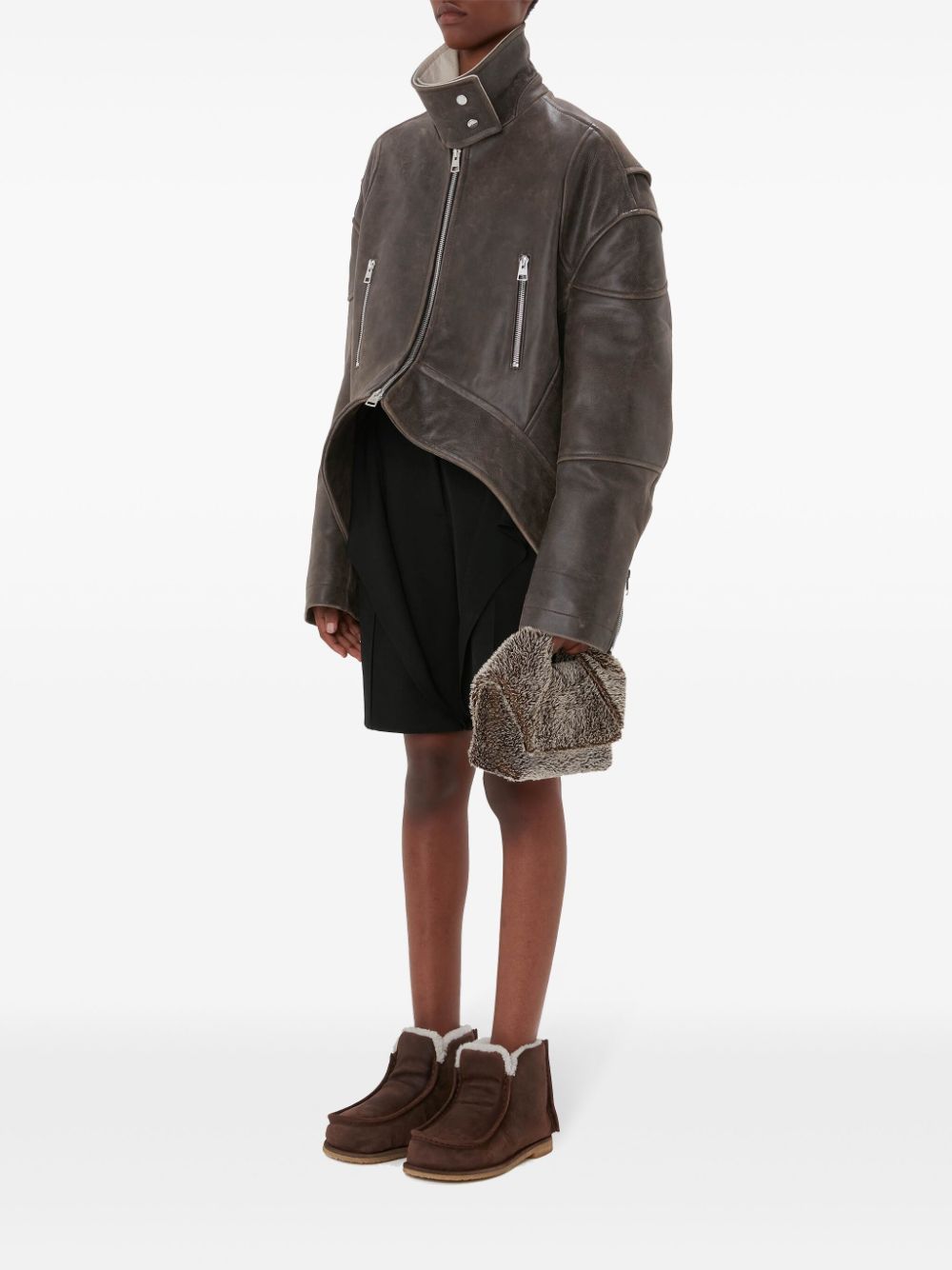 Shop Jw Anderson High-neck Curved Leather Jacket In Brown