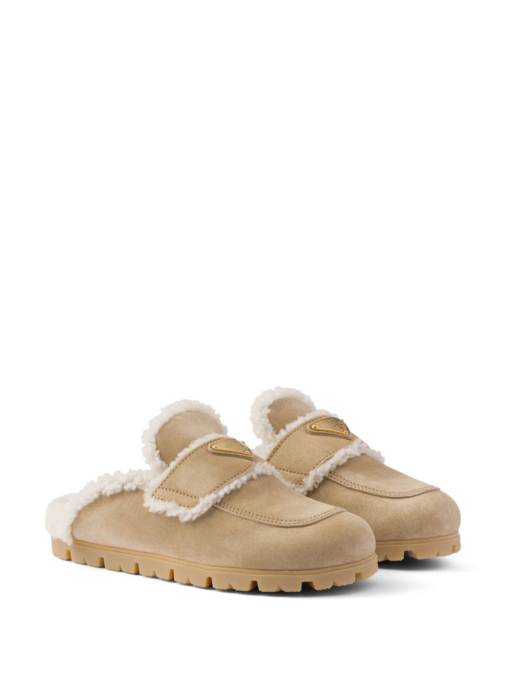 Shop Prada Triangle-logo Shearling Slippers In Nude