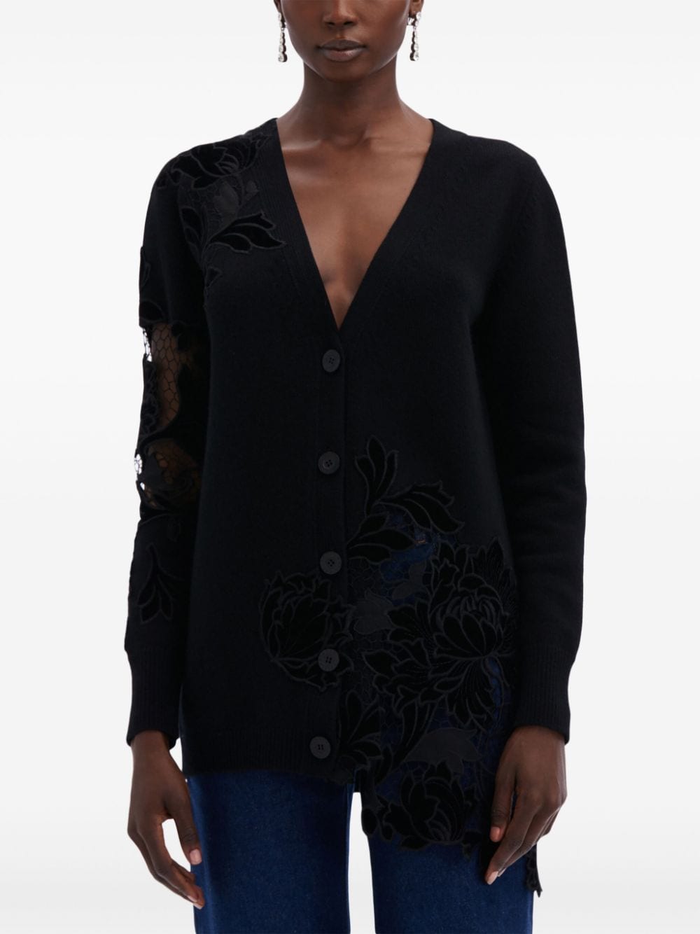 Shop Oscar De La Renta Guipure Inset Long Cardigan In Black