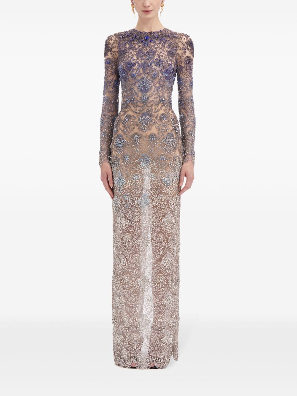 Shop Oscar De La Renta Ombré Crystal-embroidered Gown In Blue