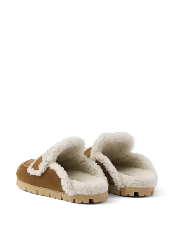 Prada shearling-trim Suede Mules | Brown | FARFETCH